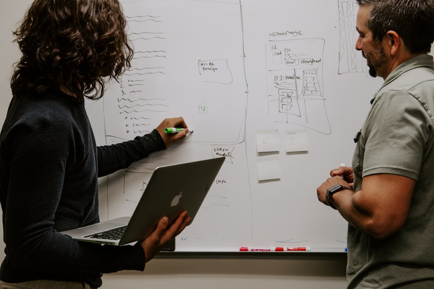 Deux professionnels structurent un projet au tableau